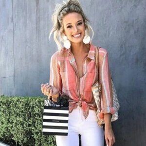 New MAEVE x ANTHROPOLOGIE Calipatria Button Down Shirt Metallic Stripe Coral 8